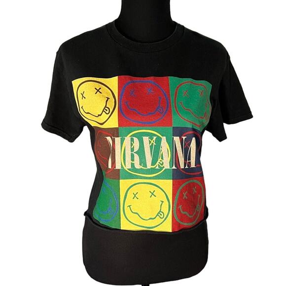 Nirvana Black Multiple Faces Crew Neck Short Sleeve Cropped T-Shirt, Size S - Picture 1 of 10